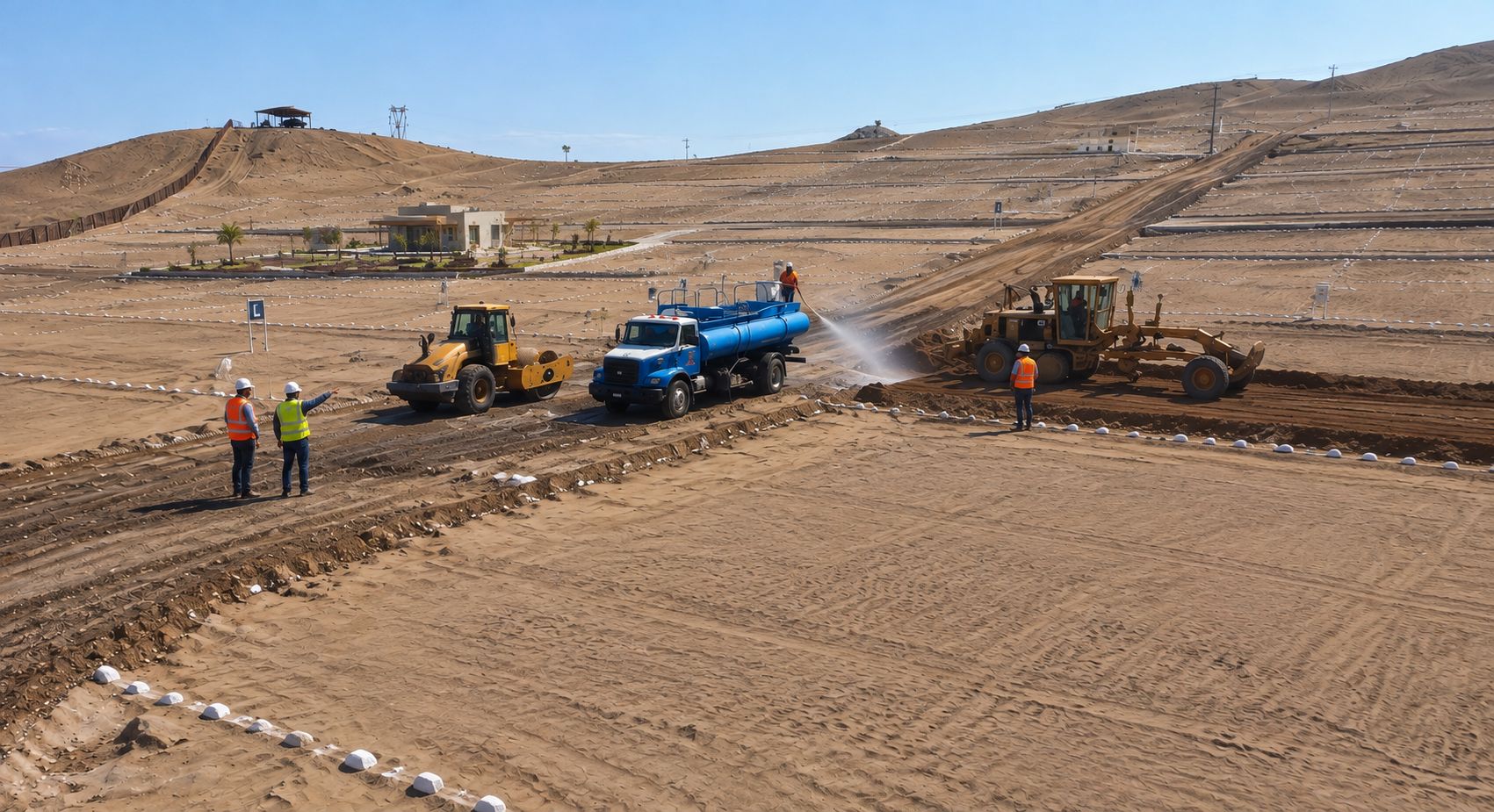 Maquinaria compactando y regando las vías del condominio